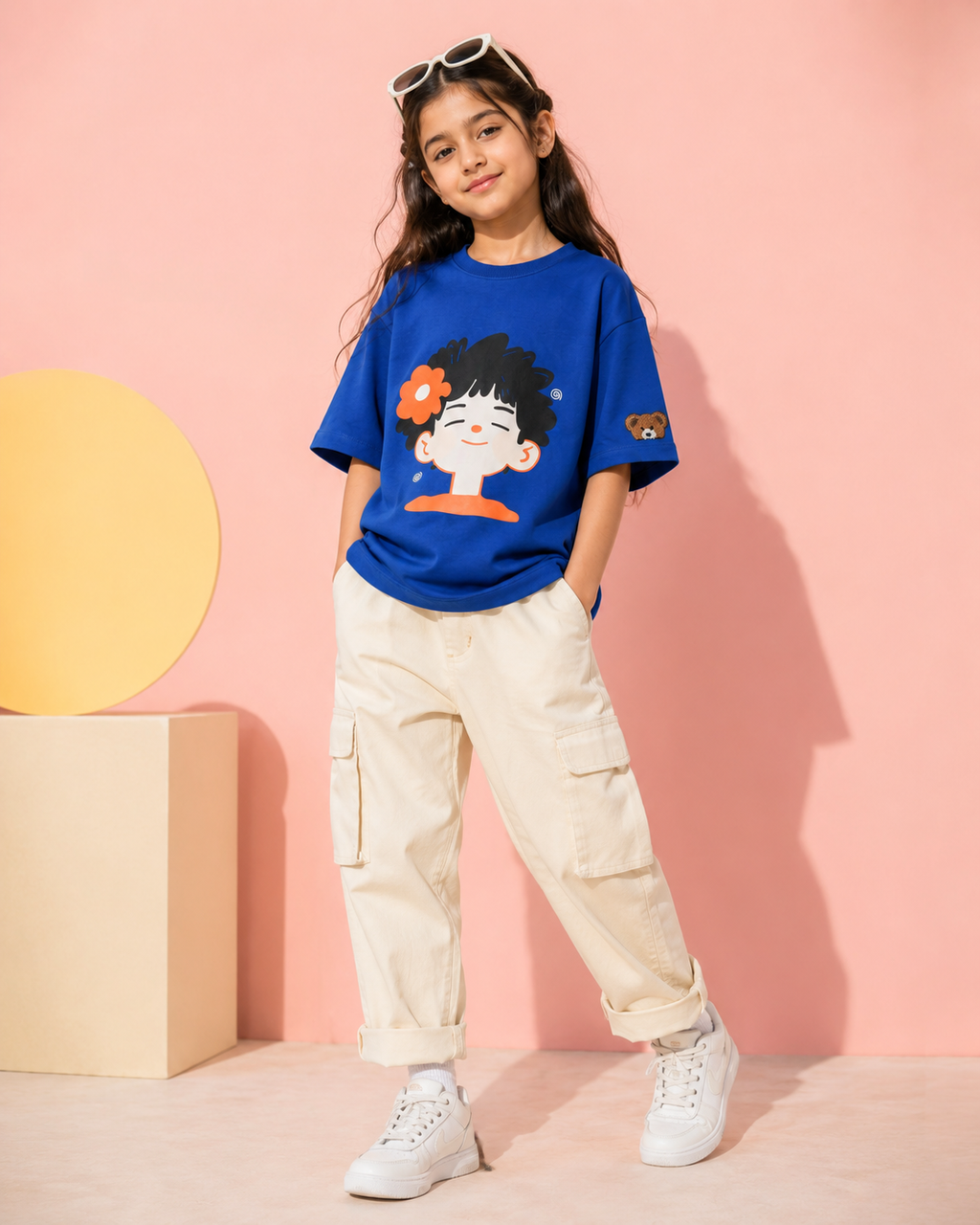 Oversized Happy Face Graphic Print Kids Tshirt in Blue