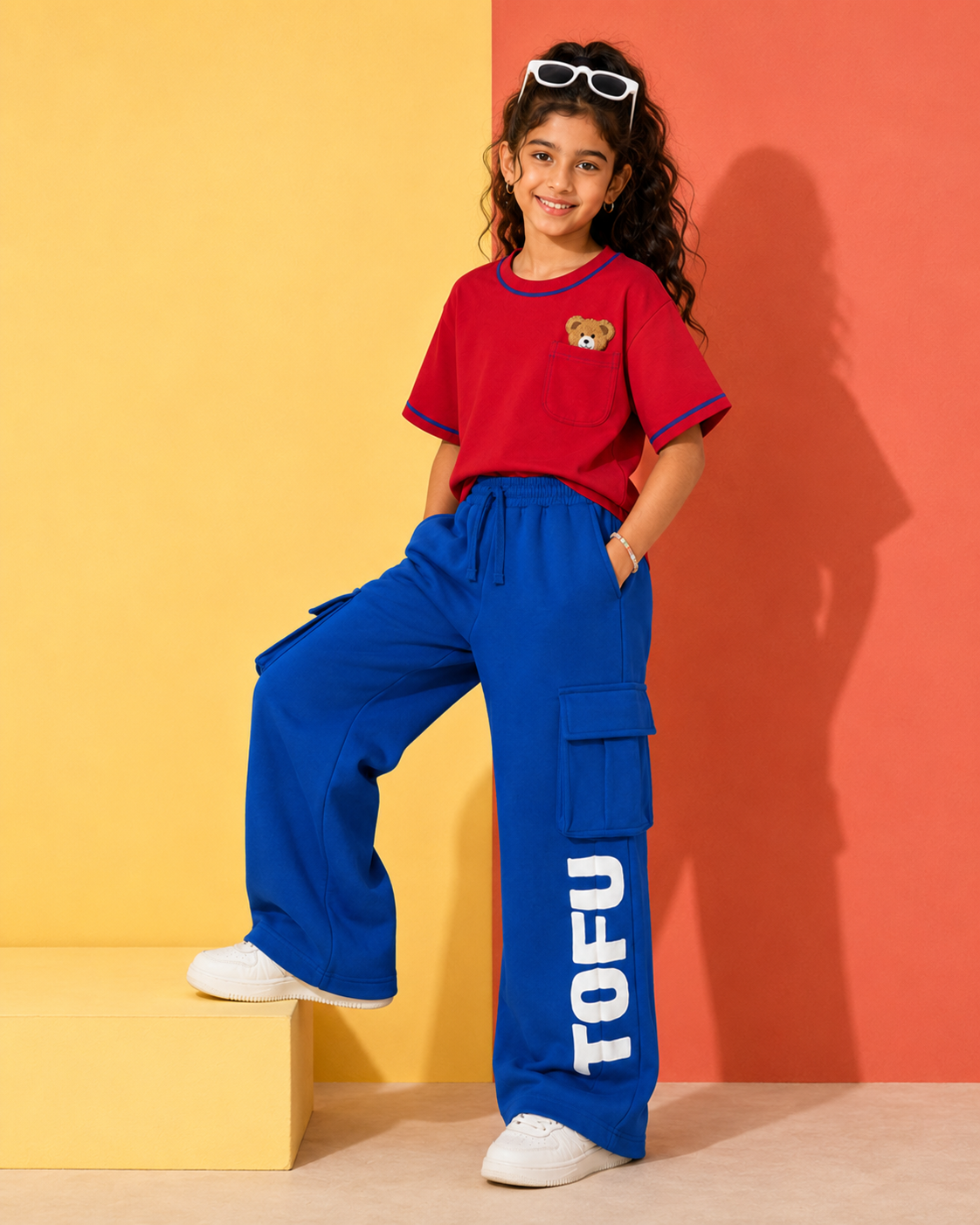 Set of Red Peeking Teddy T-shirt and Blue Cargo Pants
