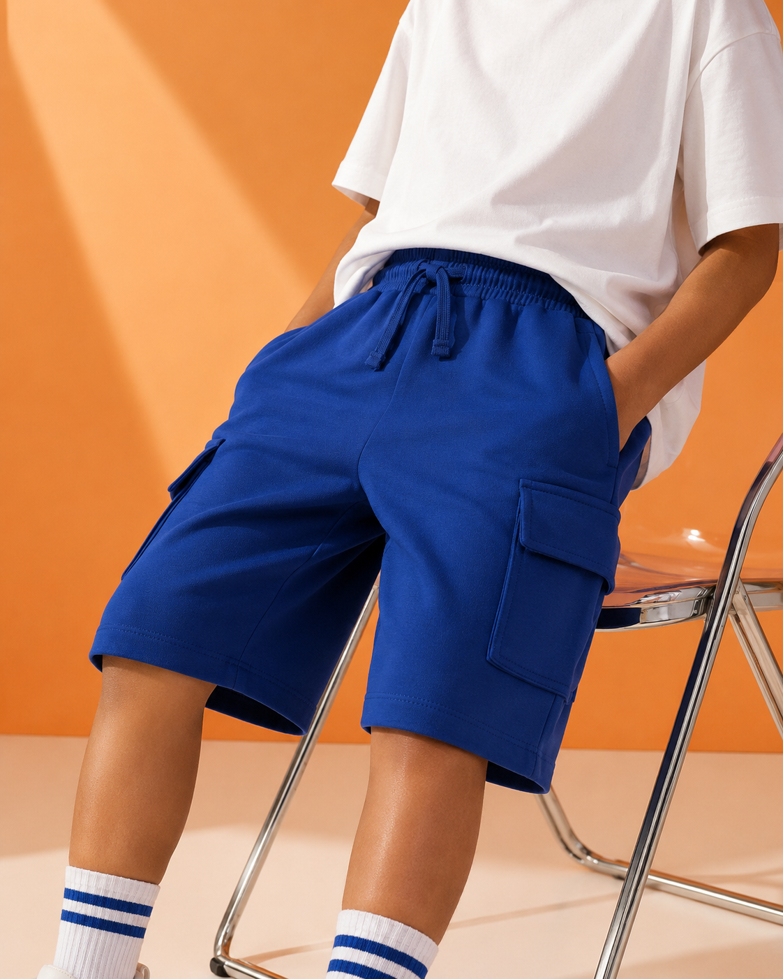 Knee Length Kids Cargo Shorts in Blue