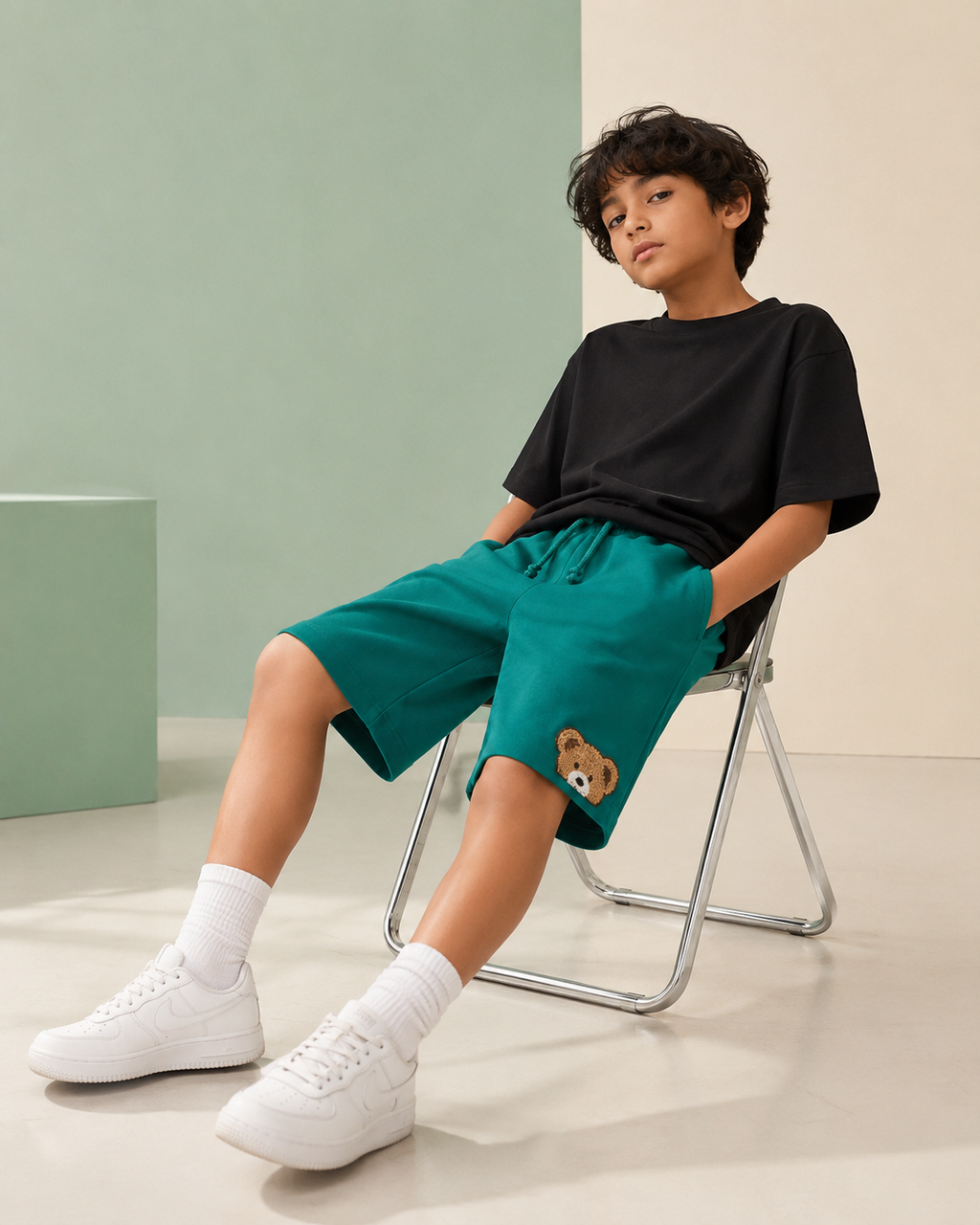 Knee Length Kids Relaxed Fit Shorts in Green