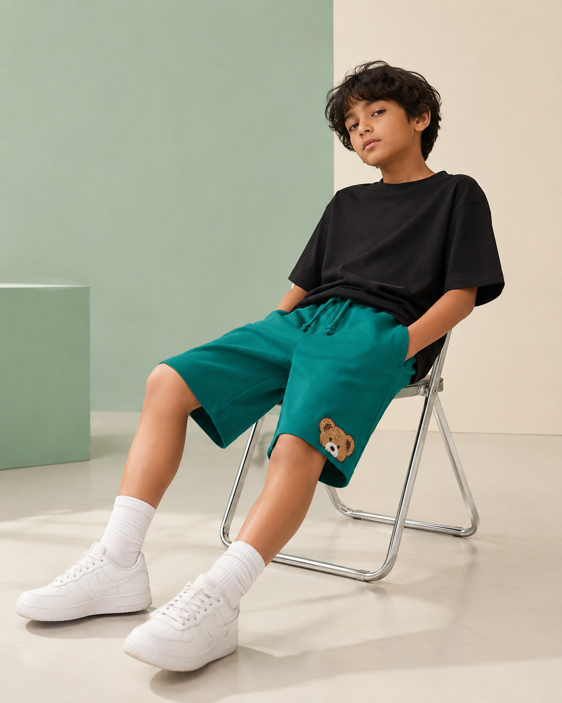 Knee Length Kids Relaxed Fit Shorts in Green