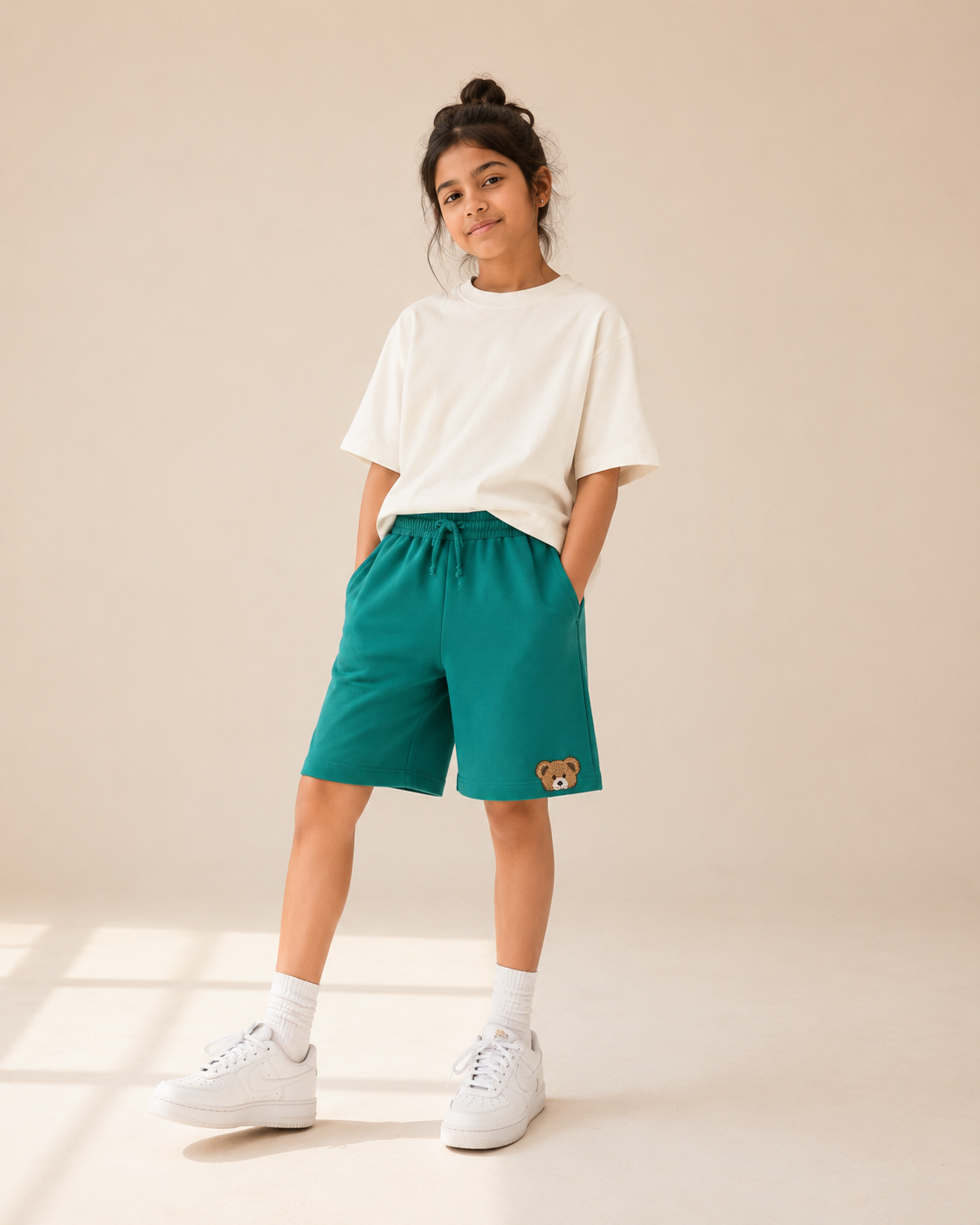 Knee Length Kids Relaxed Fit Shorts in Green