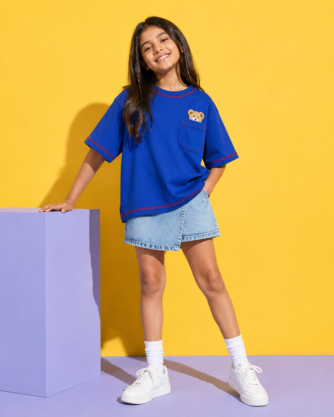 Oversized Peeking Tofu Teddy T-Shirt in Blue