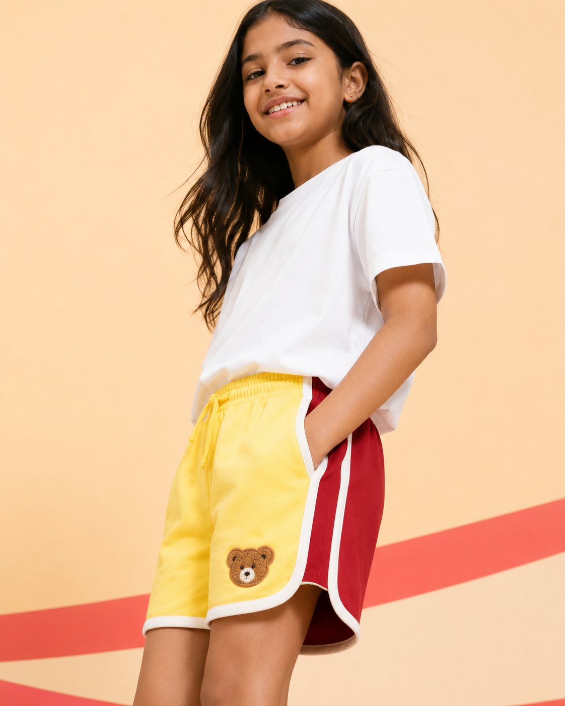Retro Varsity Track Shorts for Kids in Yellow and Red