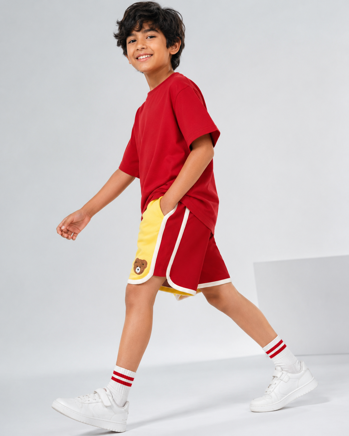 Retro Varsity Track Shorts for Kids in Yellow and Red