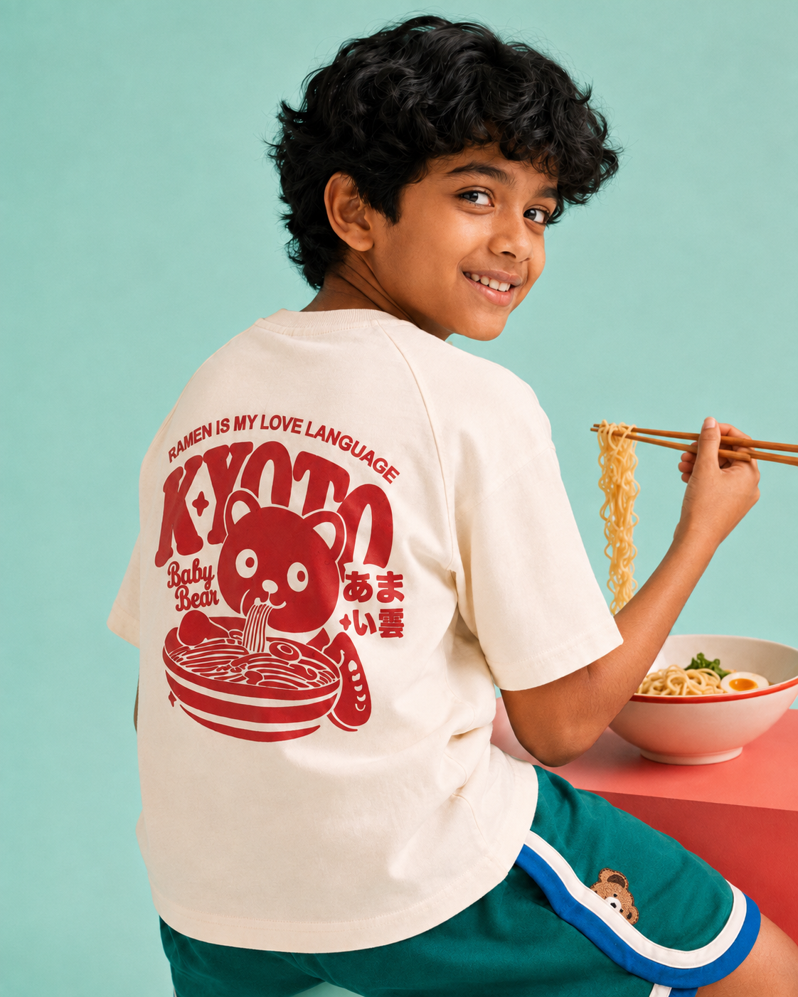 Oversized Raglan Sleevles Ramen Puff Print Kids T-Shirt in Off-White