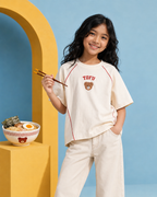 Oversized Raglan Sleevles Ramen Puff Print Kids T-Shirt in Off-White