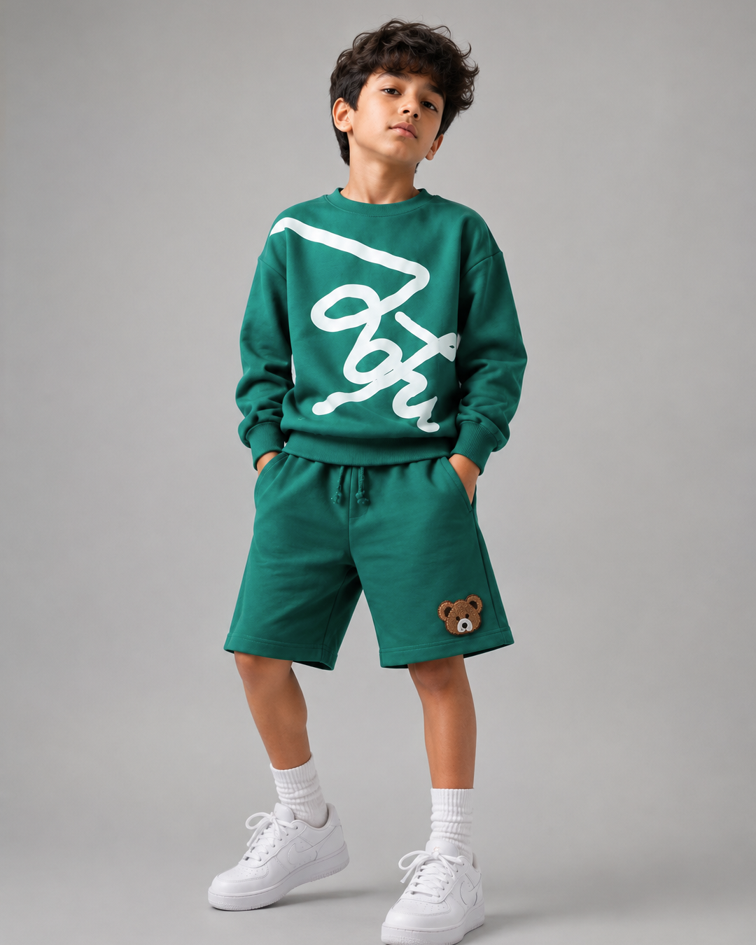 Set of Green Puff Print Full Sleeve T-shirt and Green Cargo Shorts
