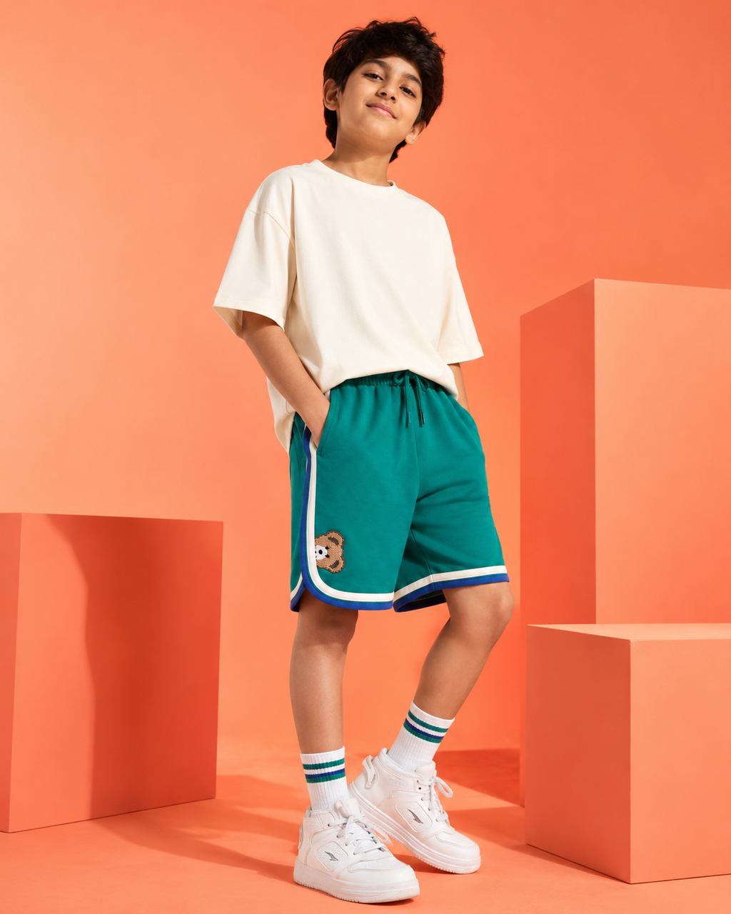Retro Varsity Track Shorts for Kids in Green