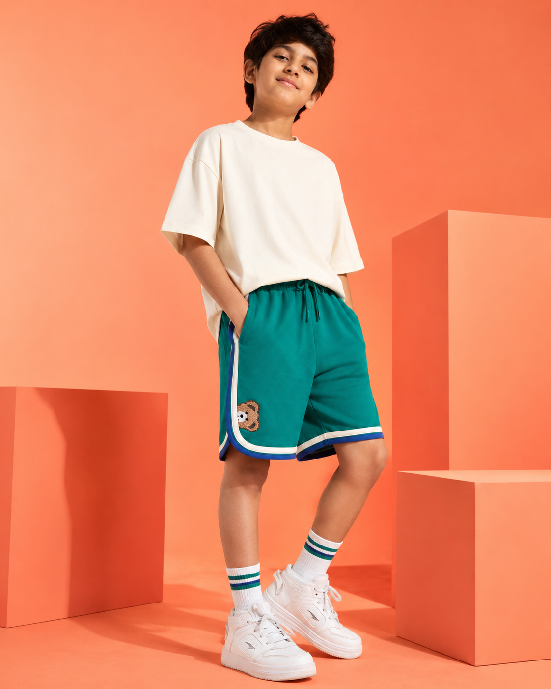 Retro Varsity Track Shorts for Kids in Green