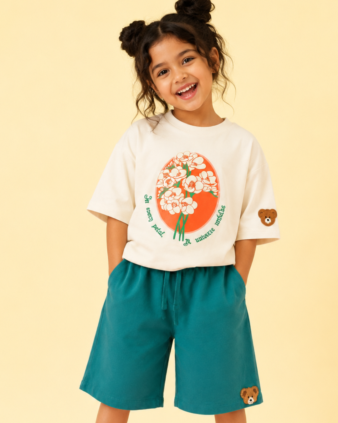 Set of Floral Off-white T-shirt Green Long Shorts
