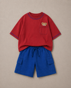 Set of Peeking Tofu Teddy Red T-shirt and Blue Cargo Shorts