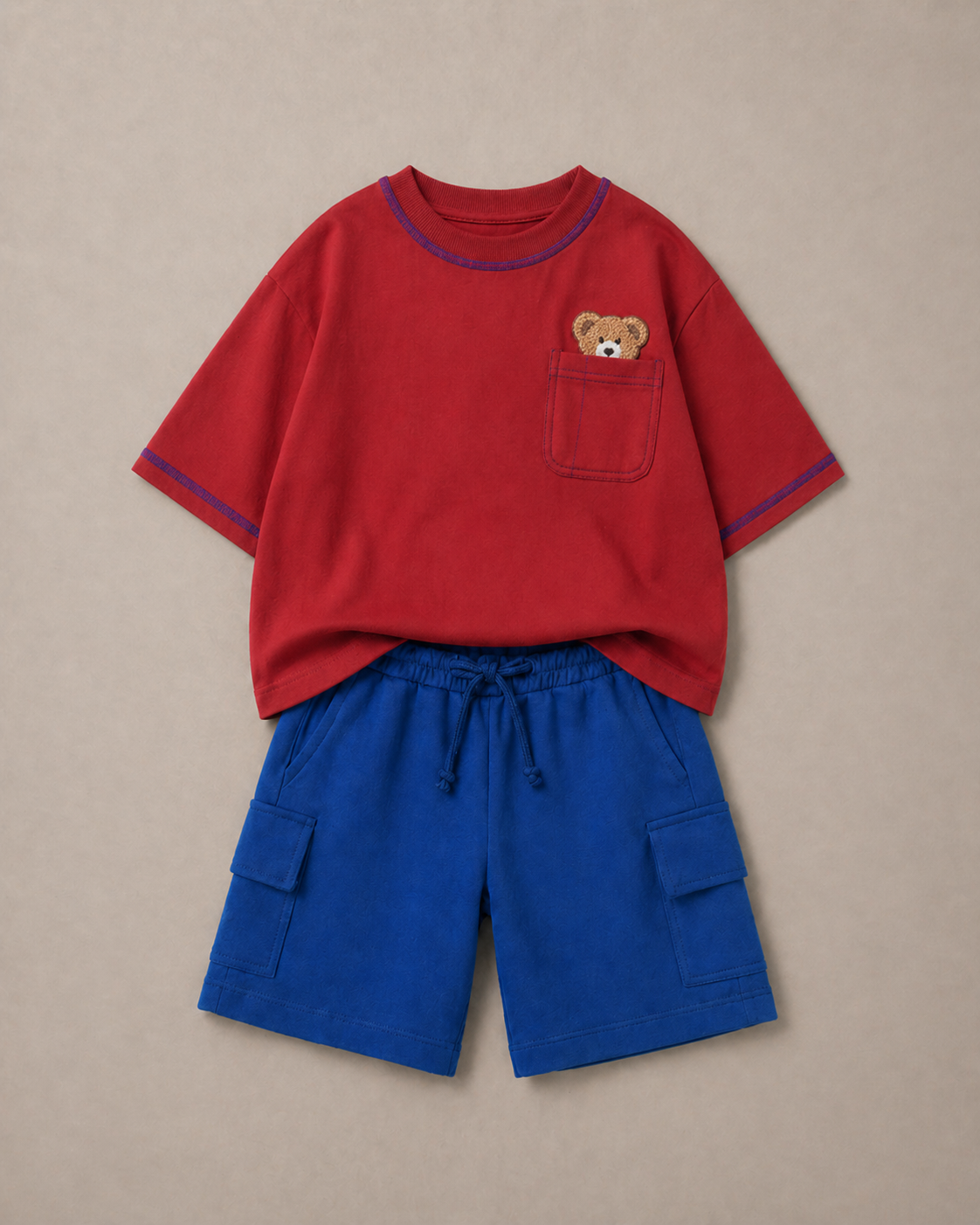 Set of Peeking Tofu Teddy Red T-shirt and Blue Cargo Shorts
