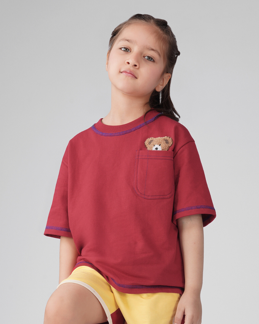 Oversized Peeking Tofu Teddy T-Shirt in Red