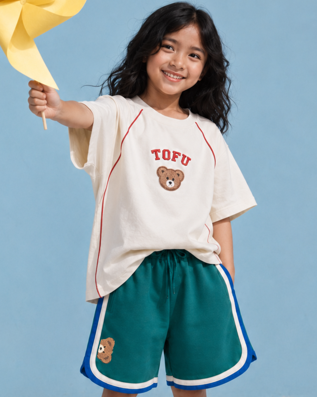 Set of Ramen Puff Print Off-white T-shirt and Green Varsity Shorts